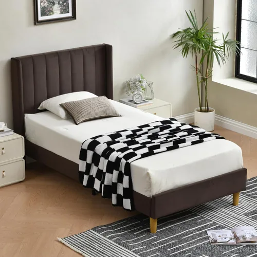 Vista 13 de Marco de cama tapizado de terciopelo individual con cabecera con respaldo de ala, color crema Cama de plataforma capitoné de canal vertical
