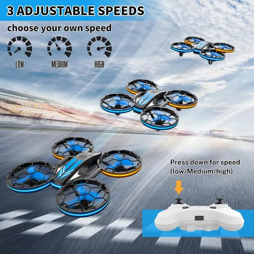 Vista 4 de Drones - Drone RC con auto flotante y modo sin cabeza, cuadricóptero con luz LED, hélice de protección completa, giros 3D, 3 baterías, control