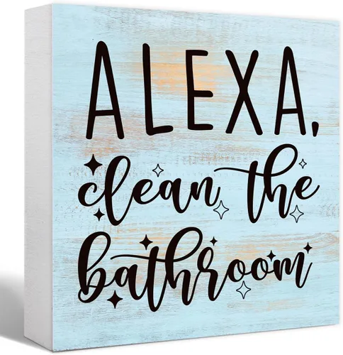 Vista 8 de SJNH Divertido letrero de madera negra para baño, estante de baño, decoración de escritorio Divertido letrero de madera negra para baño con Alexa