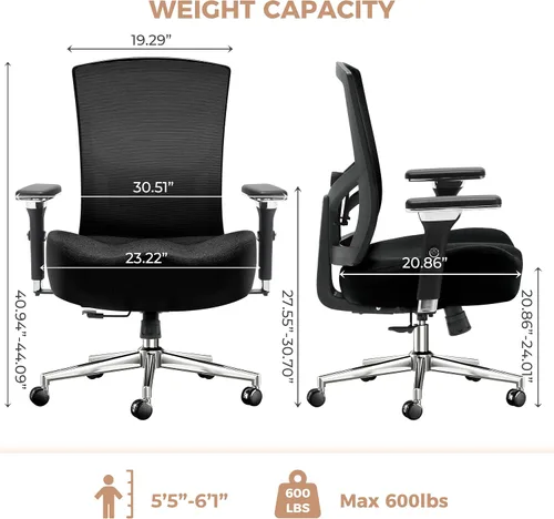 Vista 3 de Silla de oficina grande y alta de 600 libras con cojín de asiento grueso en forma de W, sillas de escritorio ergonómicas de malla para computadora
