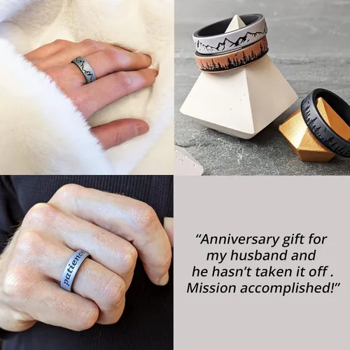 Vista 3 de Knot Theory Anillo de silicona para hombres y mujeres, diseño de ondas, montaña, bosque, alianza de boda de silicona para actividades deportivas
