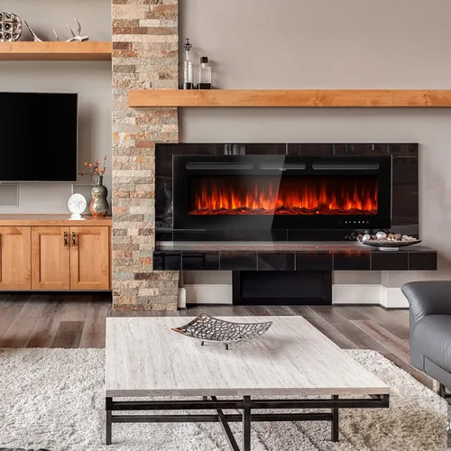 Vista 6 de Chimenea eléctrica empotrada y montada en la pared con llama de 12 colores, control remoto de pantalla táctil, juego de registro y cristal