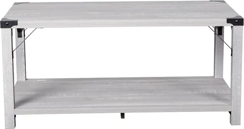 Vista 7 de BizChair Modern Farmhouse - Mesa auxiliar de 2 niveles, marco de madera de ingeniería gris Aspen, soportes laterales entrecruzados de metal negro