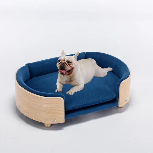 Vista 8 de CuisinSmart Sofá para perro, camas para perros con cojín extraíble, sofá para mascotas con patas de madera maciza y respaldo de madera doblada, sofá