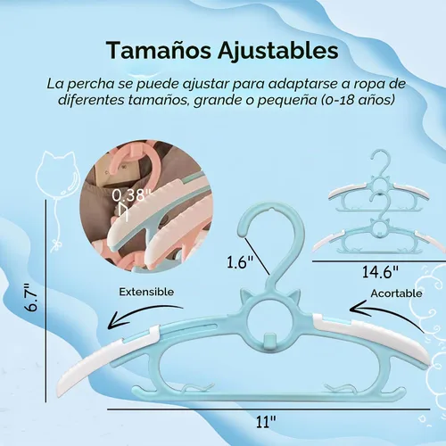 Vista 3 de 40 piezas de perchas extensibles para guardería de bebé, perchas para niños pequeños ajustables y antideslizantes para ropa de bebé, percha para Azul