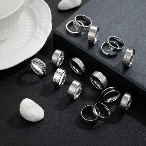 Vista 6 de RIOSO 16 anillos de acero inoxidable para hombre, anillo de plata fría para mujeres y hombres, juego de anillos de compromiso de boda simples