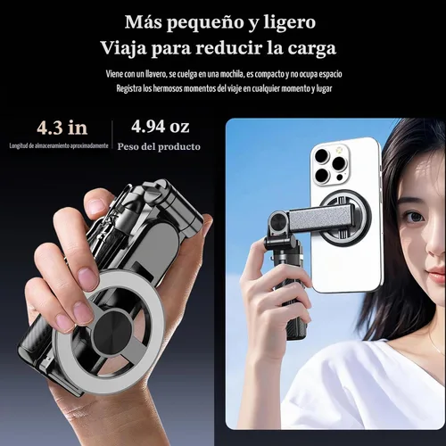 Vista 5 de Palo selfie magnético, 4 en 1 con control remoto, 4.3 pulgadas para vlogging Aluminum Alloy Rod, N52 Magnets, 10m Bluetooth Remote, 360° Rotation