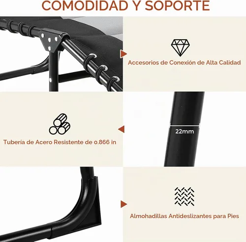 Vista 8 de TLSUNNY Sillón plegable acolchado con almohada y bolsillo lateral Negro- gris