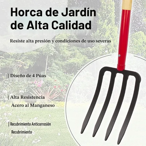 Vista 2 de Tenedor de jardín resistente para excavar, tenedor de 4 dientes para abono de jardinería, tenedor de jardín con mango de madera, 45 pulgadas