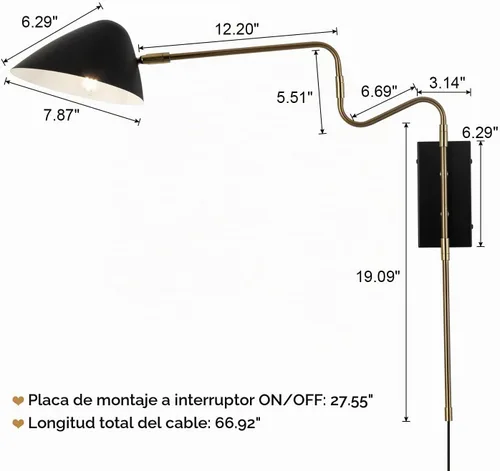 Vista 2 de Modernos apliques de pared enchufables, luces de pared negras con brazo oscilante con cable de interruptor de encendido/apagado para dormitorio