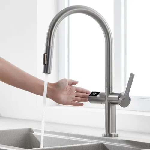 Vista 14 de Grifo de cocina táctil, rociador desplegable de 3 modos, sensor táctil activado, control de temperatura LED, rotación de 360 grados, placa de Negro