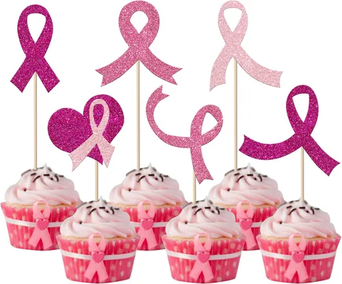 Vista 16 de Rsstarxi Paquete de 24 adornos para cupcakes con purpurina para concientización sobre el cáncer de mama, cinta rosa con purpurina para lucha contra