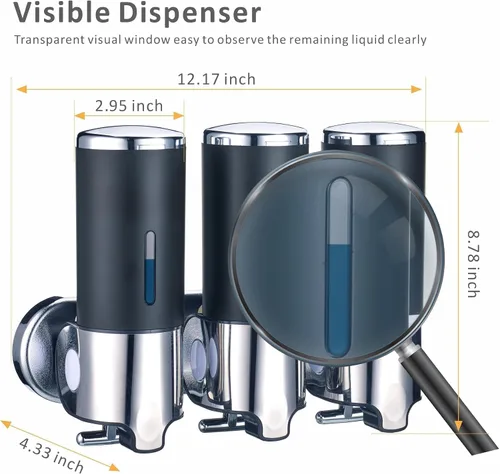 Vista 6 de Dispensador de jabón negro montado en la pared para ducha, dispensadores de champú WELLUP sin perforar, dispensador de jabón de ducha de baño