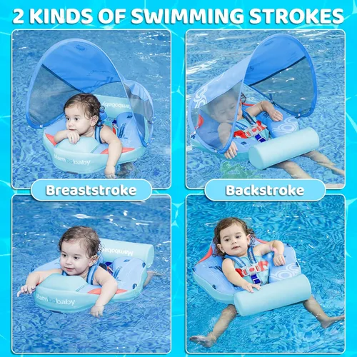Vista 6 de Mambobaby Baby Float with Canopy & Tail Non-Inflatable Baby Swim Float Upgrade Soft Infant Pool Float Sun Protection Newborn Pool Float 3-24 Months