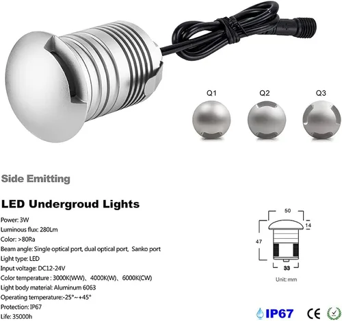 Vista 3 de 6 lámparas LED subterráneas impermeables de 3W DC12-24V DC 280LM para pozo subterráneo, emisión lateral, luz LED horizontal de aluminio direccional