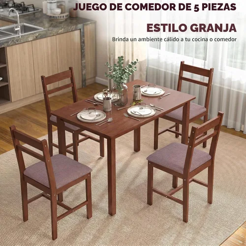 Vista 3 de HOMCOM Juego de mesa de comedor de madera maciza de 5 piezas para 4, mesa de cocina estilo granja con sillas tapizadas para espacios pequeños Marrón