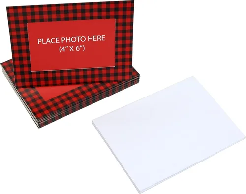 Vista 4 de Iconikal Tarjetas de felicitación personalizadas de Navidad con foto de búfalo rojo a cuadros, 15 unidades, con sobres para fotos de 4x6 pulgadas