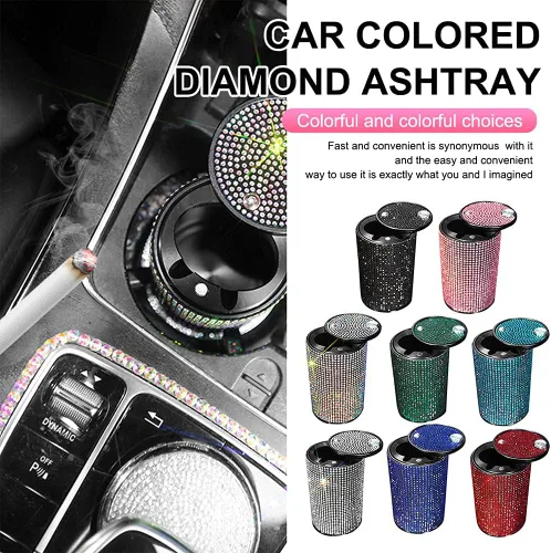 Vista 3 de Cenicero portátil con tapa, a prueba de olores, cenicero de automóvil de diamantes de cristal para mujeres, mini bote de basura ideal para Negro