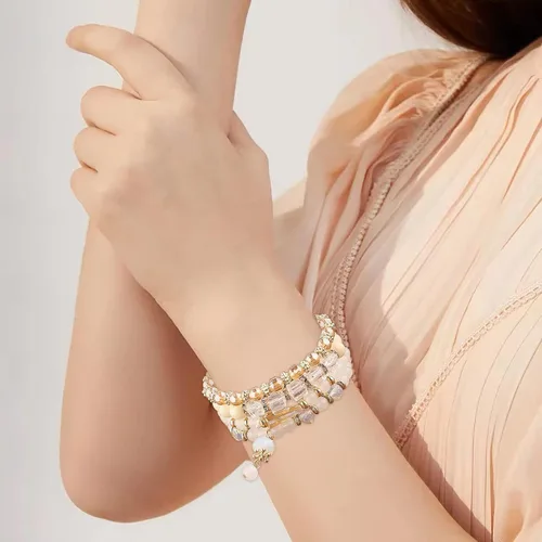 Vista 6 de Juego de aretes de joyería para mujer, pulseras apilables con cuentas para mujer, pulseras elásticas multicapa, joyería multicolor