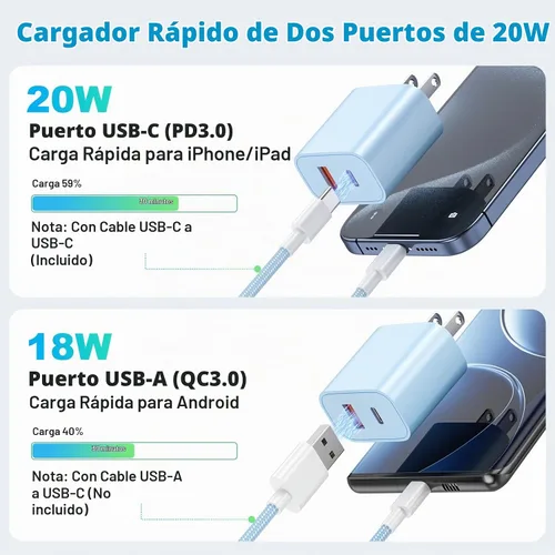 Vista 6 de Para iPhone 17 16 15 Cargador de carga rápida, paquete de 4 unidades de doble puerto de 20 W USB C Charger Block with 6FT USB-C to C Cable Type C