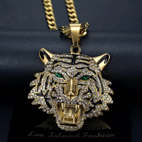 Vista 2 de CJiePeiC CZ Fully Roaring Tiger Head With Green Red Eyes Pendant Punk Rock Stainless Steel Necklace, 24 Inch 7mm Chain For Men Hip Hop Animal