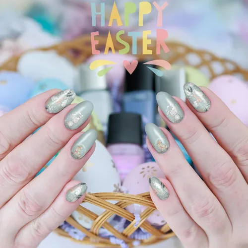 Vista 2 de winthrop 12 hojas de calcomanías de Pascua para uñas, tiras completas de esmalte de uñas, calcomanías autoadhesivas para arte de uñas, lindos huevos