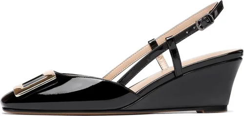 Vista 2 de WAYDERNS Zapatos de tacón bajo con hebilla rectangular de metal con punta cuadrada para mujer de 2 pulgadas