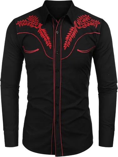 Vista 2 de Camisa de manga larga COOFANDY para hombre con bordado wéstern y botones estilo informal