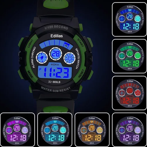Vista 3 de Edillas Relojes digitales para niños, 7 colores, luces LED, 164.0 ft, impermeables, para niños, estudiantes, adolescentes, deportes al aire libre