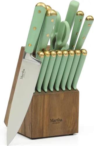 Vista 8 de Martha Stewart Juego de 16 cuchillos de cocina de acero inoxidable de alto carbono con mango forjado remachado triple de ABS, bloque de madera
