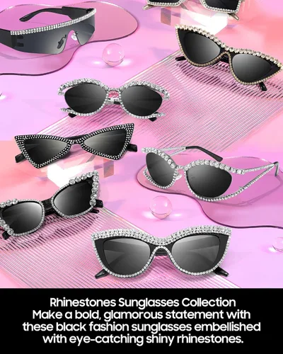 Vista 6 de IGnaef Lentes de sol con diamantes de imitación para mujer, con marco de joyas, accesorio de fiesta de disfraces
