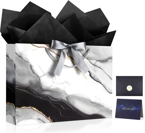 Vista 15 de JMANNI Bolsas de regalo, 3 piezas de tamaño mediano con cinta de lazo, bolsa de regalo de papel portátil, patrón de mármol, para cualquier ocasión