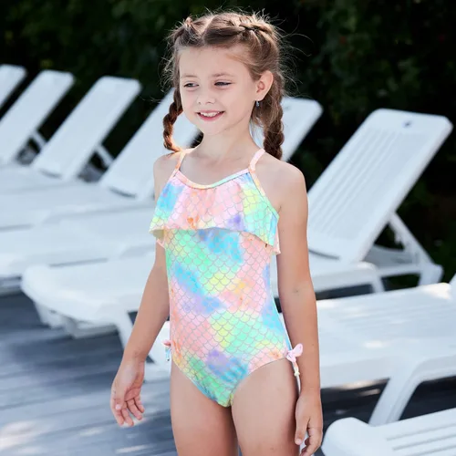 Vista 3 de Trajes de baño de una pieza para niñas, traje de baño con volantes para niños, traje de baño floral hawaiano de 3 a 16 años