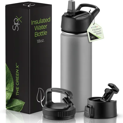 Vista 10 de SIPX™ Botella de Agua Aislada de 18 oz con 3 Tapas – Acero Inoxidable a Prueba de Fugas, Triple Aislamiento – Frío 24 Horas/Caliente 12 Horas