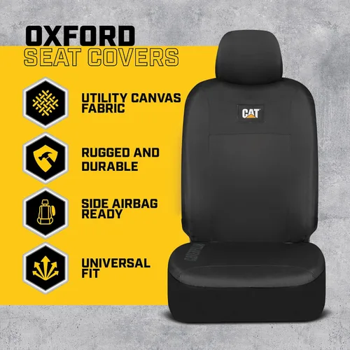 Vista 2 de CAT DuraDrive - Funda de asiento delantero de automóvil, (2) piezas, Oxford negro, protección resistente, ajuste semiuniversal, protector de asiento