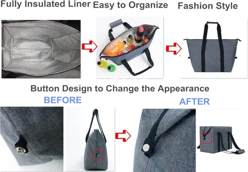 Vista 6 de Bolsas enfriadoras de compras aisladas con cremallera superior para comestibles, bolsa de espuma térmica reutilizable para viajes, picnic