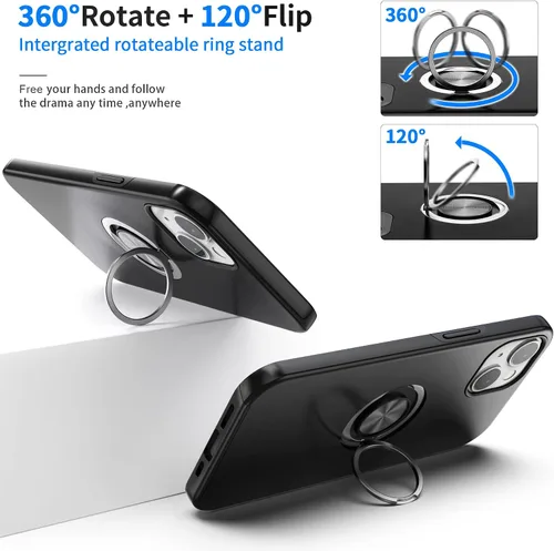 Vista 2 de Funda compatible con iPhone 15 con protector de pantalla de vidrio templado, resistente funda protectora delgada 2 en 1 con soporte de anillo Negro