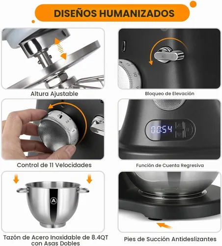Vista 4 de Batidora de pie comercial de 8.4 cuartos de galón de 800 W con fundición a presión de aluminio cumple con el estándar de NSF/ANSI 8-2023, mezclador
