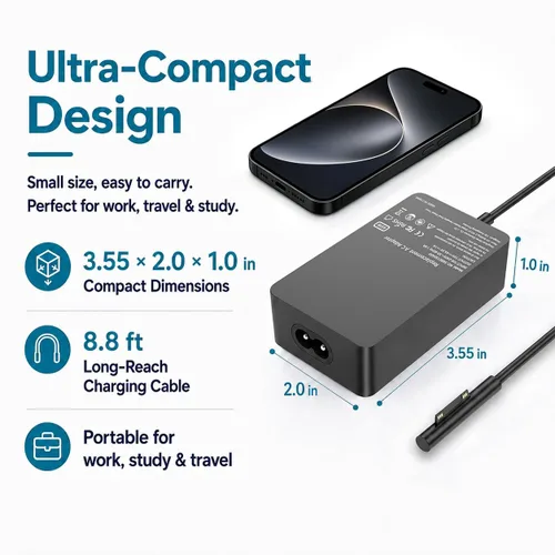 Vista 4 de Cargador Surface Pro de 65 W para Microsoft Surface Pro 7/6/4/3/8/9/11/5 Negro