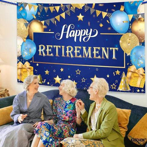 Vista 3 de KatchOn Cartel de feliz jubilación extra grande de 72 x 44 pulgadas, decoraciones azules y doradas, telón de fondo para fiesta, decoraciones
