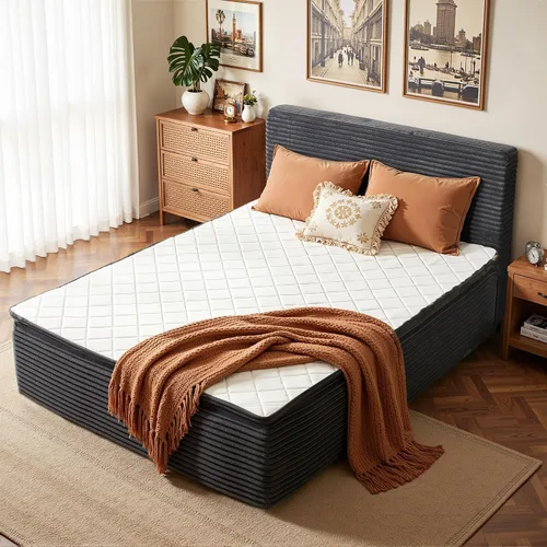 Vista 14 de Base de cama matrimonial sin hueso con cabecera de colchón, cama sin Beige