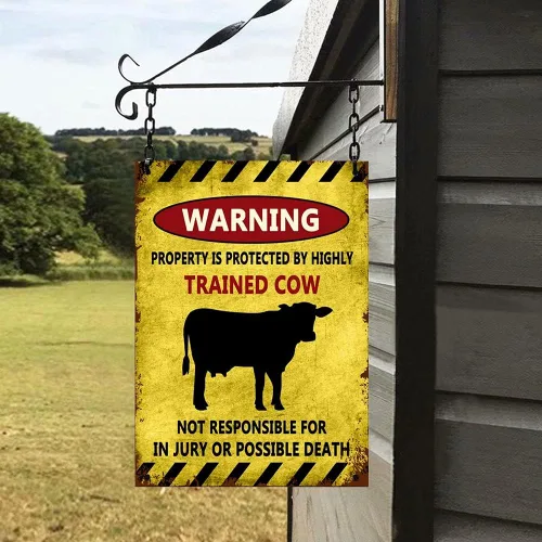 Vista 4 de Homega Letrero de metal con diseño de vaca de la casa de vacas, placa de metal de granja de ganado, advertencia de esta propiedad está protegida por