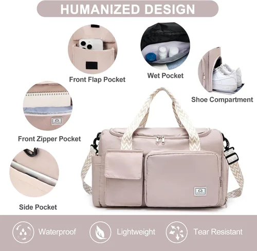 Vista 349 de Pequeña bolsa de gimnasio para mujer, bolsa de viaje con compartimento para zapatos