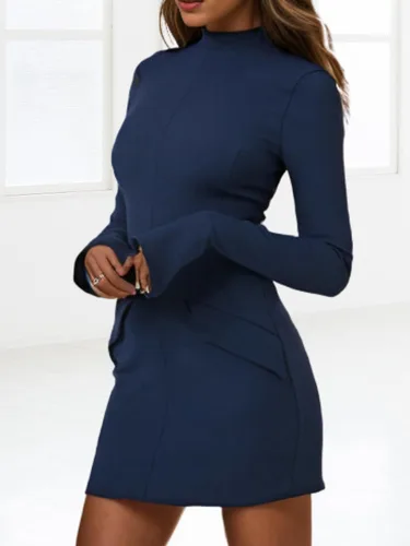 Vista 2 de Yoolin Vestido ajustado sexy para mujer, manga larga acampanada, mini vestidos con solapa y cuello alto falso para fiesta y club