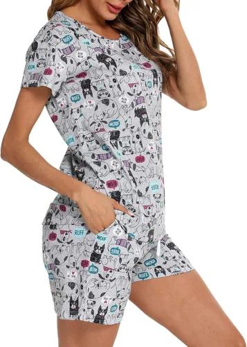 Vista 3 de ENJOYNIGHT - Conjunto de pijama estampado de camiseta y pantalones cortos con bolsillos para mujer