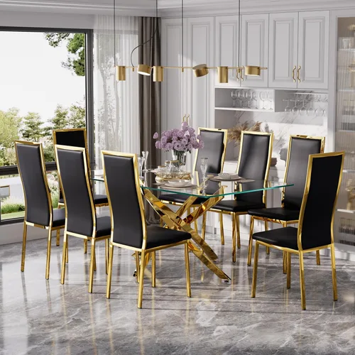 Vista 16 de Juego de mesa de comedor de cristal dorado moderno de 63 pulgadas para 6, juego de mesa de cocina rectangular de 7 piezas con patas de acero Negro