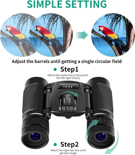 Vista 4 de POLDR 8x21 Binoculares pequeños, compactos y ligeros para adultos y niños, para observación de aves, viajes y turismo. Binoculares mini de bolsillo