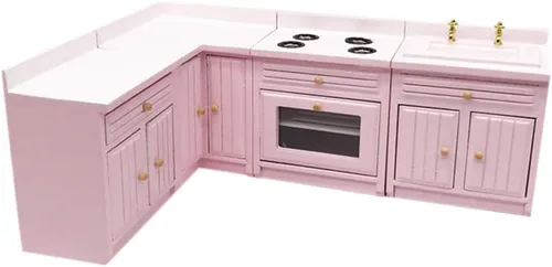 Vista 9 de Accesorios de decoración de casa de muñecas, casa de muñecas 1:12, muebles en miniatura, juego de gabinetes de cocina de madera combinados Rosa