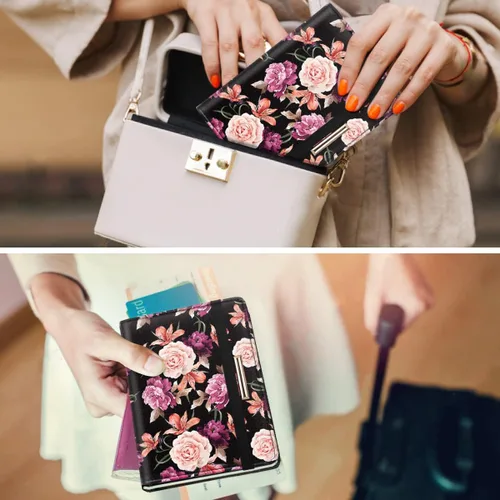 Vista 6 de Funda para pasaporte, cartera de viaje para tarjetas de crédito, bloqueo RFID, carteras para pasaporte para mujeres y hombres con ranura para fotos