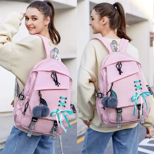 Vista 6 de FENGDONG Mochila escolar para niñas adolescentes y niñas, a2-rosa, 17.7x12x5.9 inches, Viajar